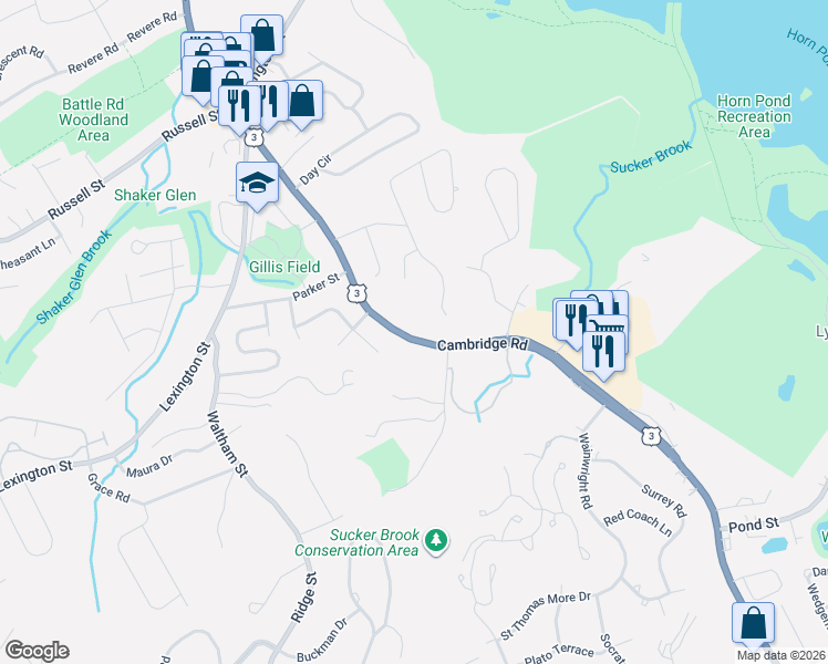 map of restaurants, bars, coffee shops, grocery stores, and more near 250 Cambridge Road in Woburn