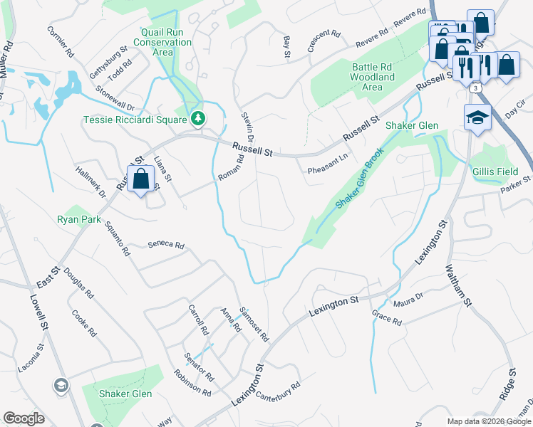 map of restaurants, bars, coffee shops, grocery stores, and more near 14 Dix Road in Woburn