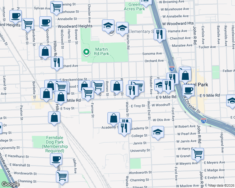 map of restaurants, bars, coffee shops, grocery stores, and more near 1904 Leitch Road in Ferndale