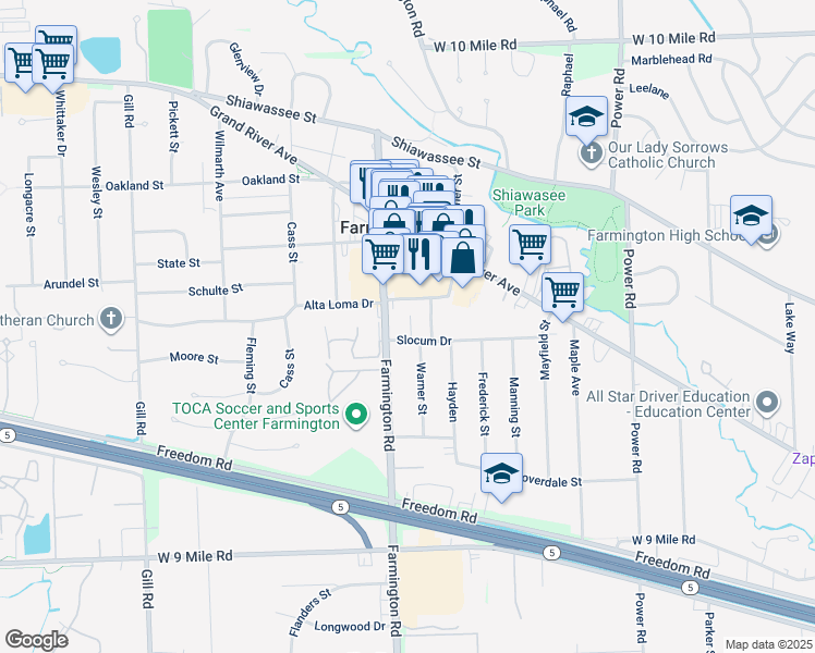map of restaurants, bars, coffee shops, grocery stores, and more near 23290 Farmington Road in Farmington