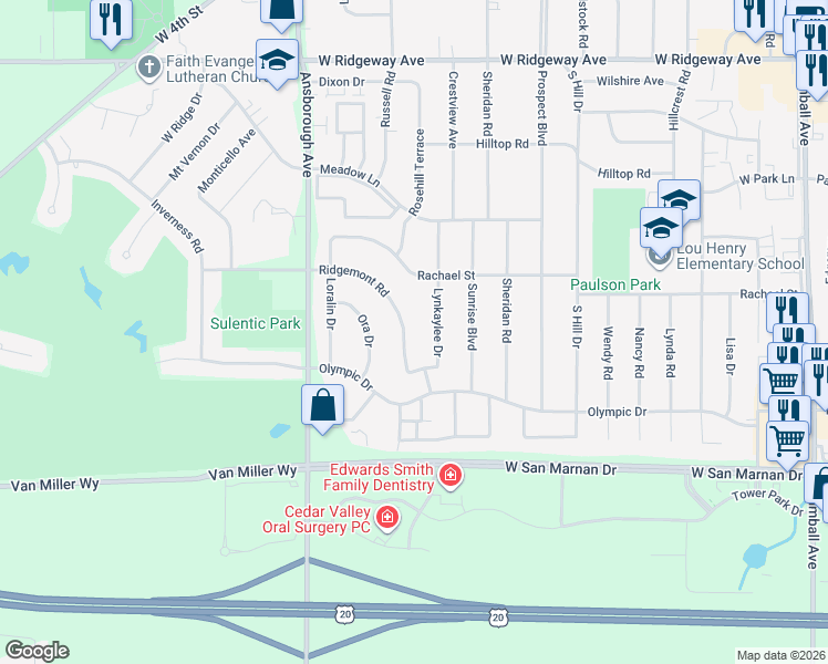 map of restaurants, bars, coffee shops, grocery stores, and more near 836 Lynkaylee Drive in Waterloo