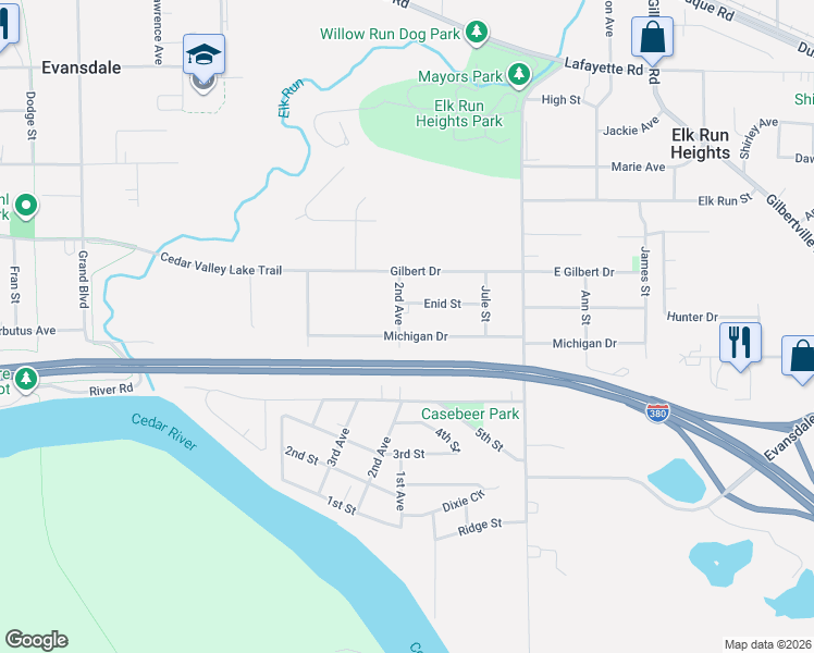 map of restaurants, bars, coffee shops, grocery stores, and more near 1712 Enid Street in Evansdale