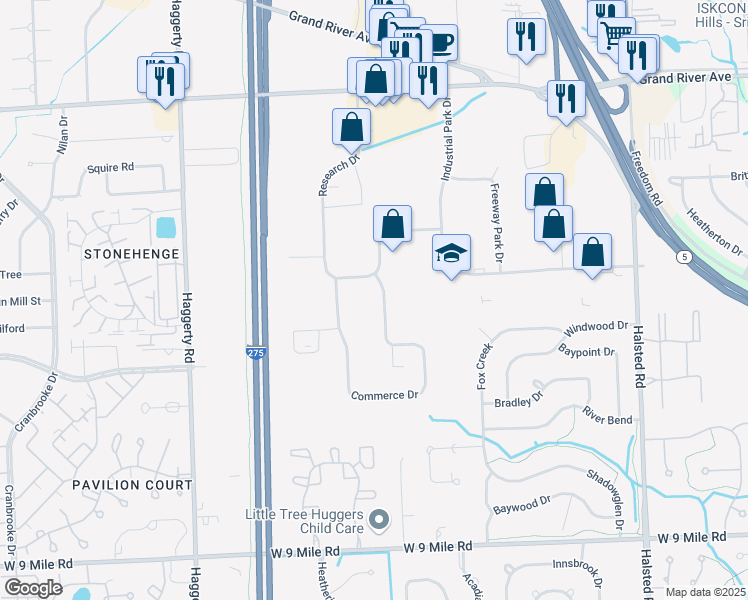 map of restaurants, bars, coffee shops, grocery stores, and more near 23761 Research Drive in Farmington Hills