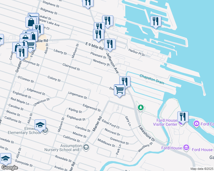 map of restaurants, bars, coffee shops, grocery stores, and more near 23049 Doremus Street in St. Clair Shores
