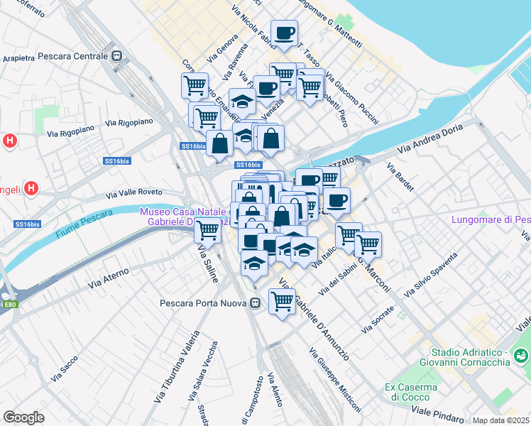 map of restaurants, bars, coffee shops, grocery stores, and more near 63 Via Corfinio in Pescara