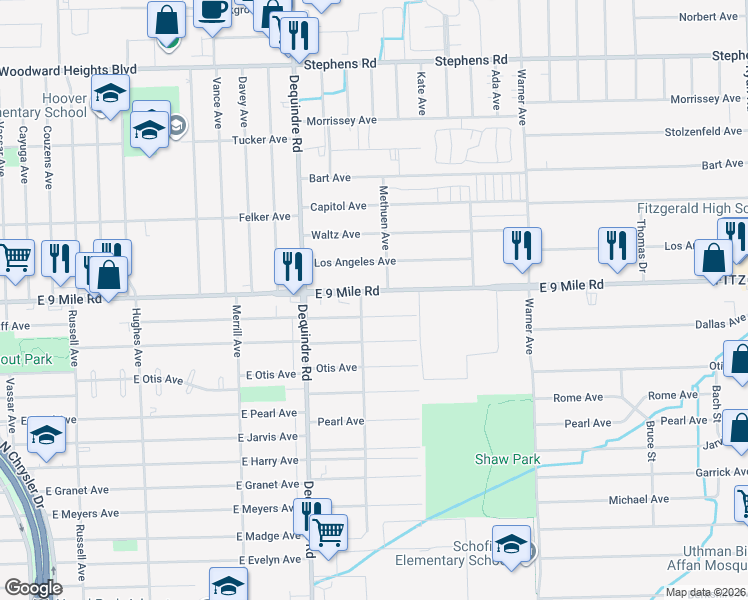 map of restaurants, bars, coffee shops, grocery stores, and more near 2149 East 9 Mile Road in Warren