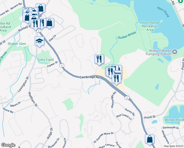 map of restaurants, bars, coffee shops, grocery stores, and more near 272 Cambridge Road in Woburn
