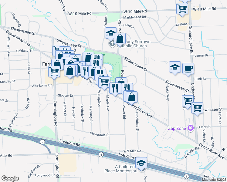 map of restaurants, bars, coffee shops, grocery stores, and more near 32604 Grand River Ave in Farmington