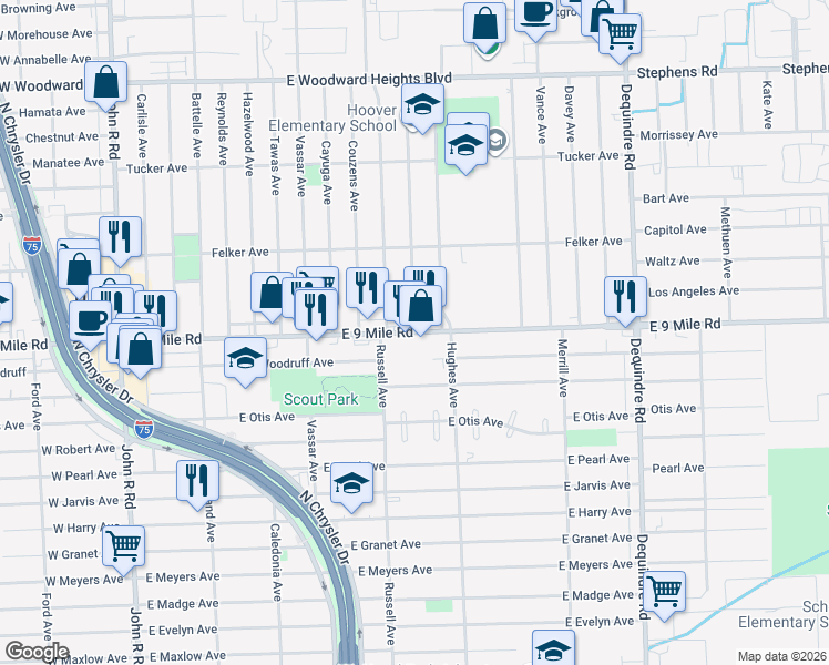 map of restaurants, bars, coffee shops, grocery stores, and more near E 9 Mile Rd & Hoover Ave in Hazel Park