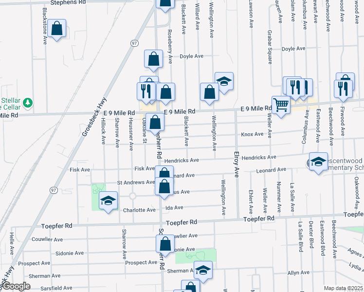map of restaurants, bars, coffee shops, grocery stores, and more near 13695 Marshall Avenue in Warren