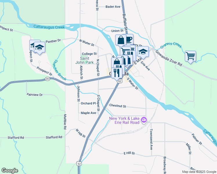 map of restaurants, bars, coffee shops, grocery stores, and more near 107 Walnut Street in Gowanda