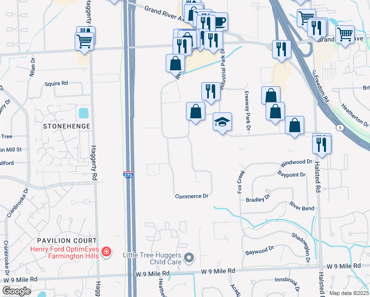 map of restaurants, bars, coffee shops, grocery stores, and more near 23761 Research Drive in Farmington Hills