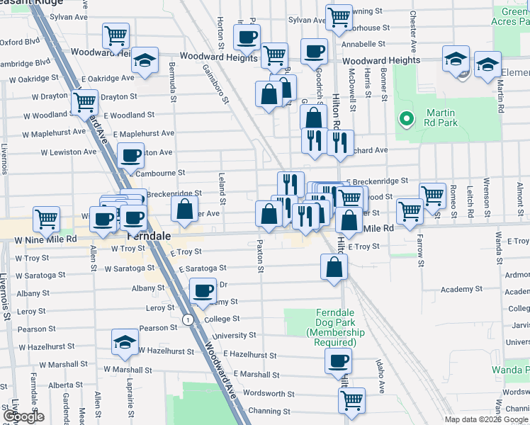 map of restaurants, bars, coffee shops, grocery stores, and more near 550 Rosewood Street in Ferndale