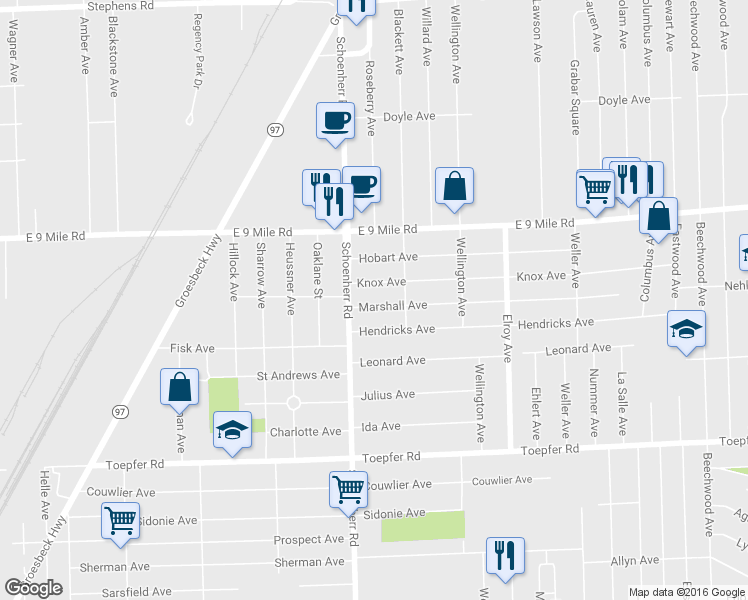 map of restaurants, bars, coffee shops, grocery stores, and more near 13641 Marshall Avenue in Warren