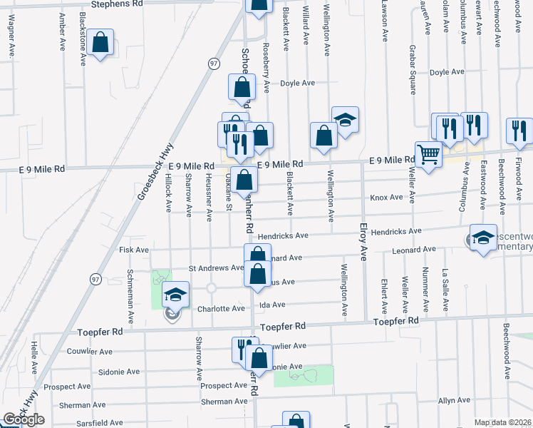 map of restaurants, bars, coffee shops, grocery stores, and more near 13690 Knox Avenue in Warren