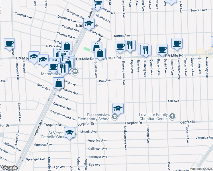 map of restaurants, bars, coffee shops, grocery stores, and more near 22123 Pleasant Avenue in Eastpointe