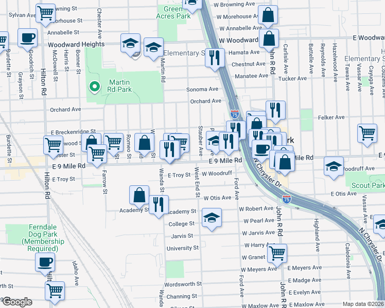 map of restaurants, bars, coffee shops, grocery stores, and more near 23045 Stauber Avenue in Hazel Park