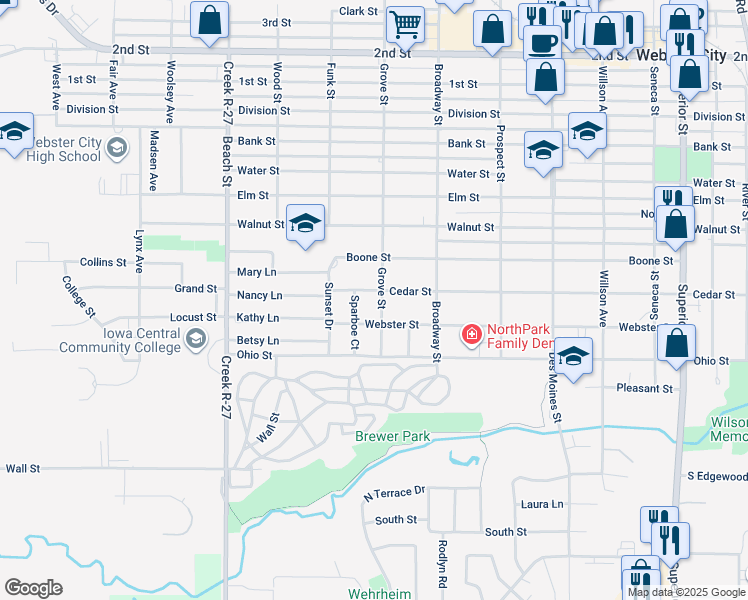 map of restaurants, bars, coffee shops, grocery stores, and more near 1001-1051 Cedar Street in Webster City
