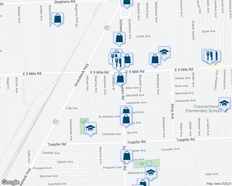 map of restaurants, bars, coffee shops, grocery stores, and more near 22628 Oaklane Street in Warren