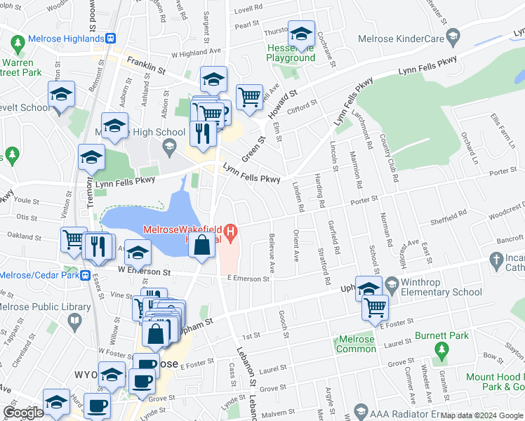 map of restaurants, bars, coffee shops, grocery stores, and more near 118 Bellevue Avenue in Melrose