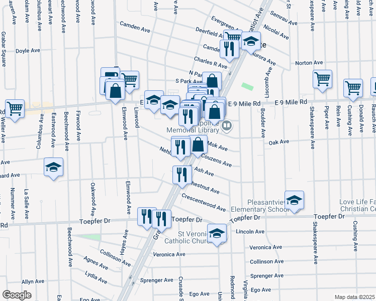 map of restaurants, bars, coffee shops, grocery stores, and more near 22235 Michigan 3 in Eastpointe