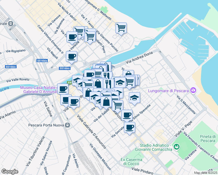 map of restaurants, bars, coffee shops, grocery stores, and more near 37 Via Alfonso di Vestea in Pescara