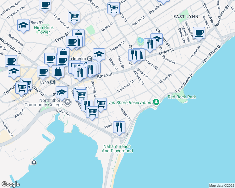 map of restaurants, bars, coffee shops, grocery stores, and more near 55 Baltimore Street in Lynn