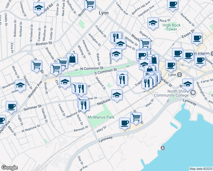 map of restaurants, bars, coffee shops, grocery stores, and more near 9 Roseville Square in Lynn