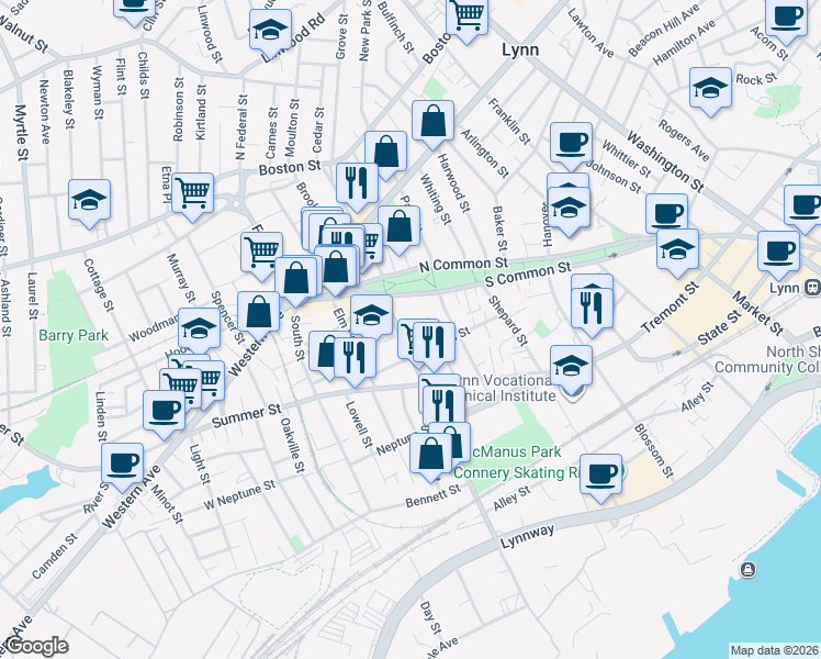 map of restaurants, bars, coffee shops, grocery stores, and more near in Lynn