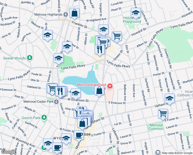 map of restaurants, bars, coffee shops, grocery stores, and more near 802 Main Street in Melrose