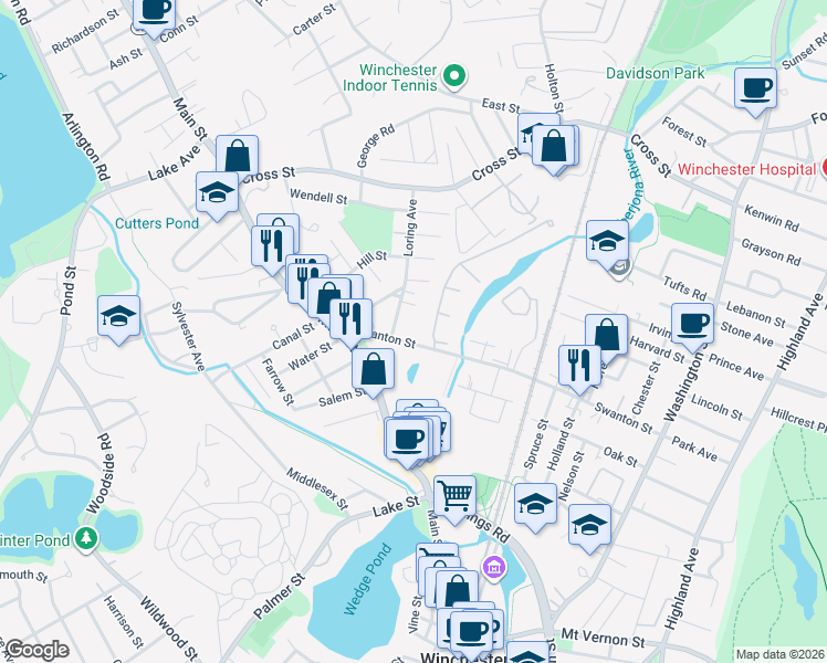 map of restaurants, bars, coffee shops, grocery stores, and more near 223 Swanton Street in Winchester