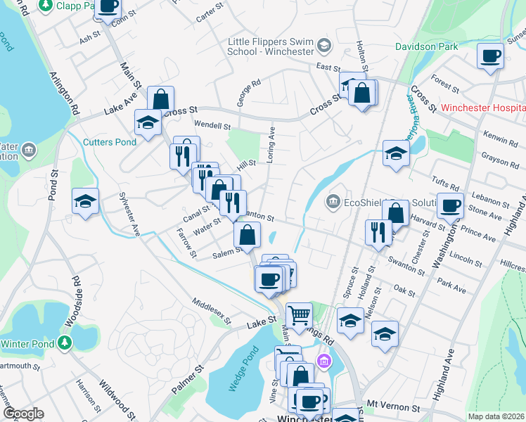 map of restaurants, bars, coffee shops, grocery stores, and more near 223 Swanton Street in Winchester