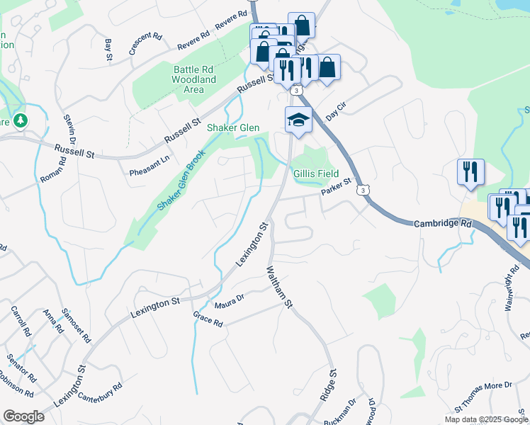 map of restaurants, bars, coffee shops, grocery stores, and more near 251 Lexington Street in Woburn