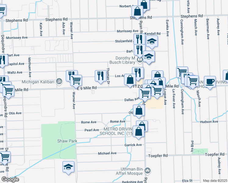 map of restaurants, bars, coffee shops, grocery stores, and more near 3650 East 9 Mile Road in Warren