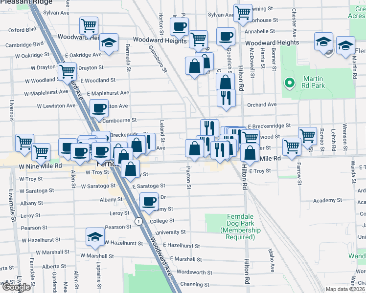 map of restaurants, bars, coffee shops, grocery stores, and more near 391 Vester Street in Ferndale