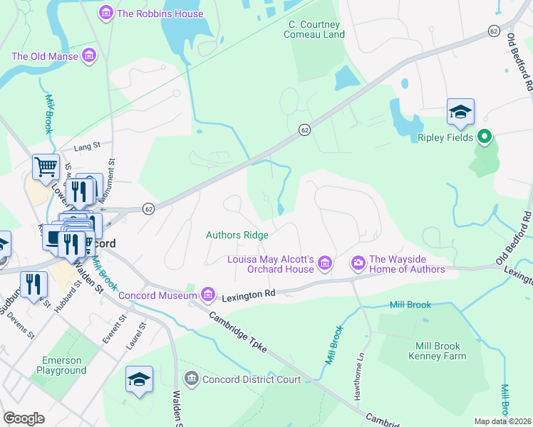 map of restaurants, bars, coffee shops, grocery stores, and more near 1 Wayside Road in Concord
