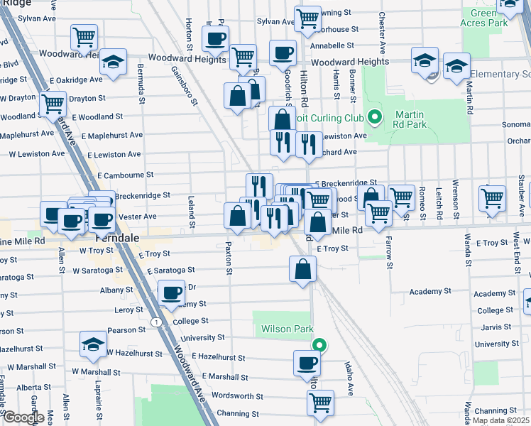 map of restaurants, bars, coffee shops, grocery stores, and more near 621 Vester Street in Ferndale