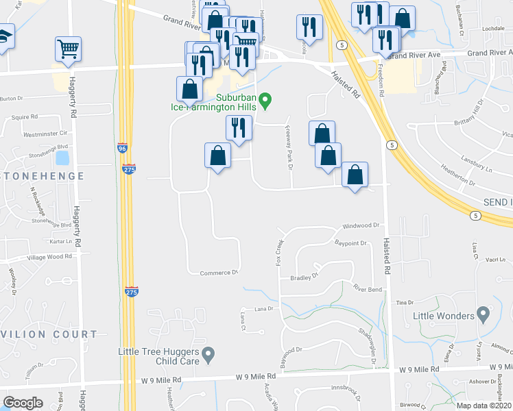 map of restaurants, bars, coffee shops, grocery stores, and more near 23689 Industrial Park Drive in Farmington Hills