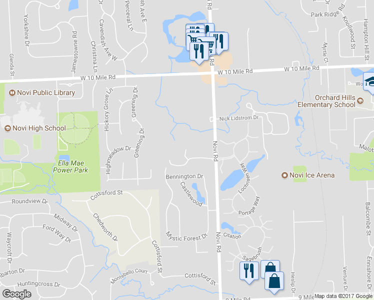 map of restaurants, bars, coffee shops, grocery stores, and more near 43610 Wendingo Court in Novi