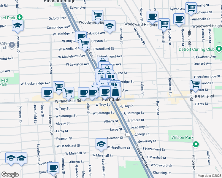 map of restaurants, bars, coffee shops, grocery stores, and more near 22930 Woodward Avenue in Ferndale