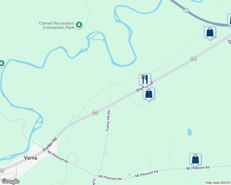 map of restaurants, bars, coffee shops, grocery stores, and more near 17-25 Monkey Run Rd in Ithaca