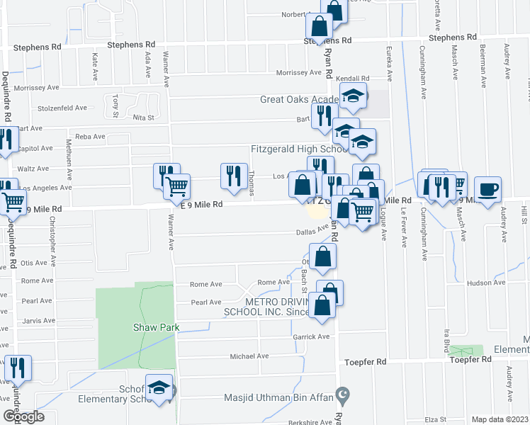 map of restaurants, bars, coffee shops, grocery stores, and more near 3648 East 9 Mile Road in Warren