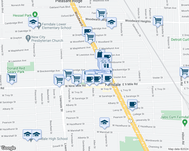 map of restaurants, bars, coffee shops, grocery stores, and more near 276 Withington Street in Ferndale