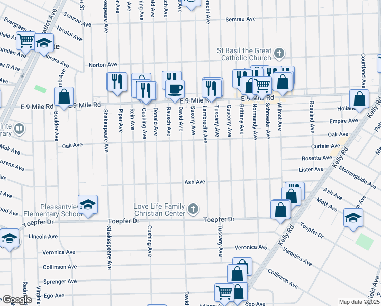 map of restaurants, bars, coffee shops, grocery stores, and more near 22150 Saxony Avenue in Eastpointe