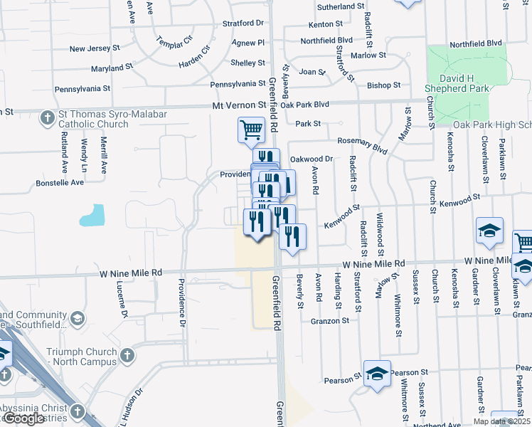 map of restaurants, bars, coffee shops, grocery stores, and more near 23195 Greenfield Road in Southfield