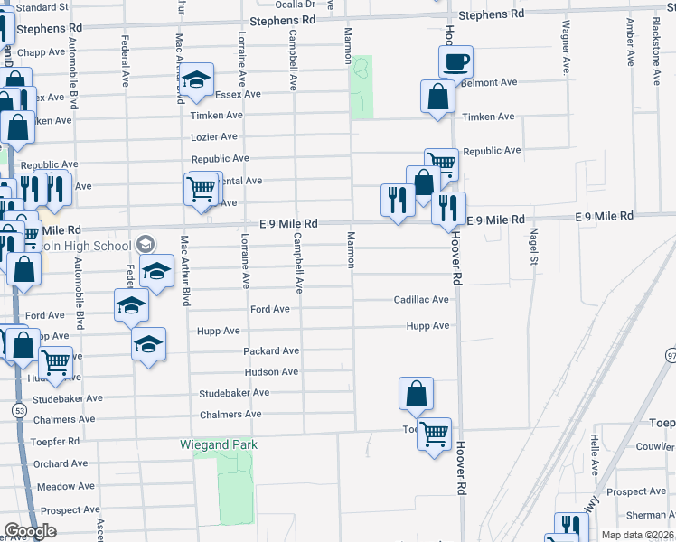 map of restaurants, bars, coffee shops, grocery stores, and more near 11289 Maxwell Avenue in Warren