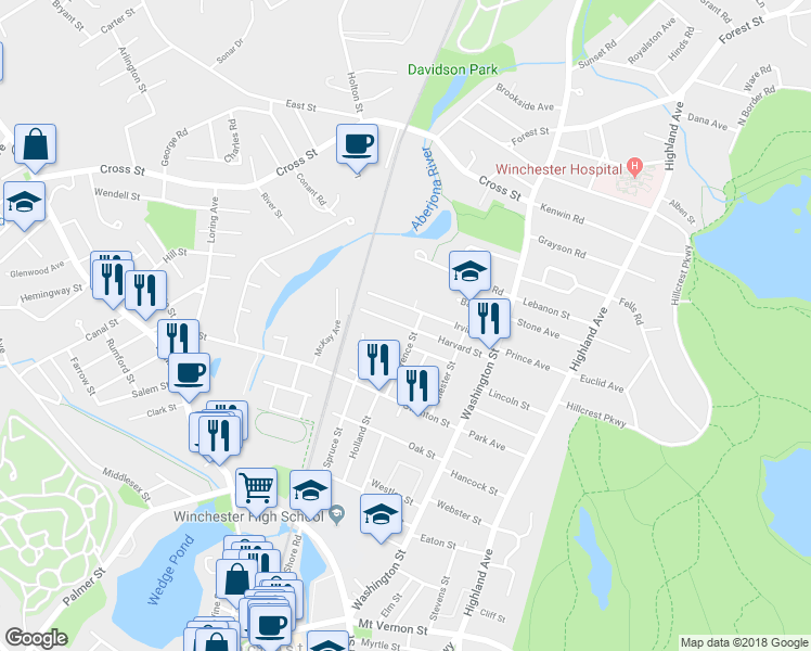 map of restaurants, bars, coffee shops, grocery stores, and more near 63 Harvard Street in Winchester