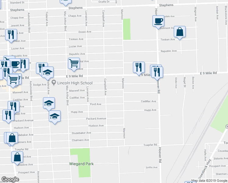 map of restaurants, bars, coffee shops, grocery stores, and more near 11268 Maxwell Avenue in Warren