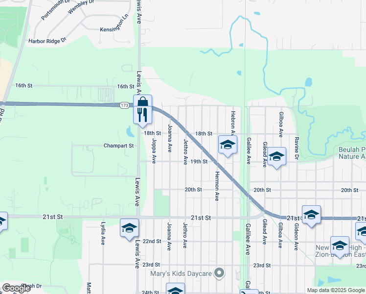map of restaurants, bars, coffee shops, grocery stores, and more near 1814 Jethro Avenue in Zion