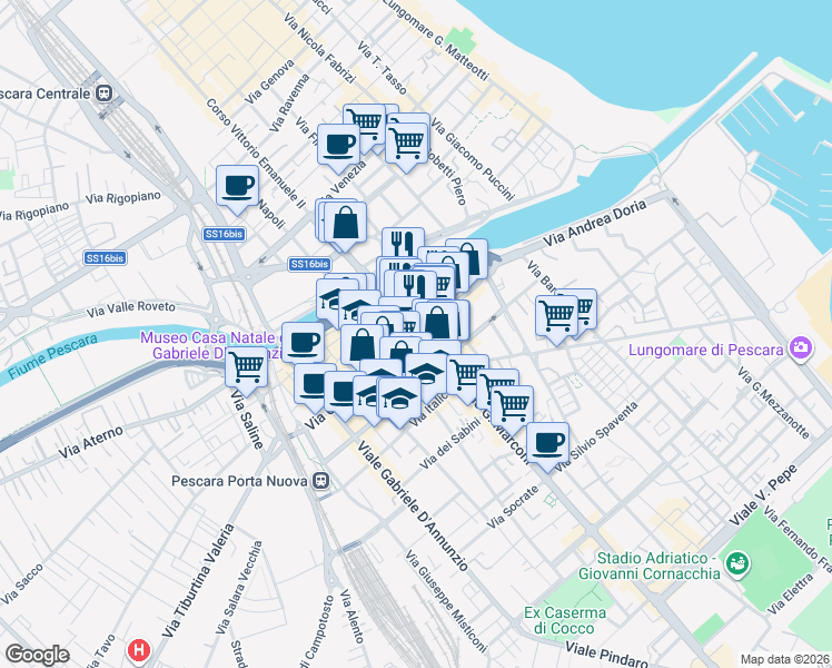 map of restaurants, bars, coffee shops, grocery stores, and more near in Pescara